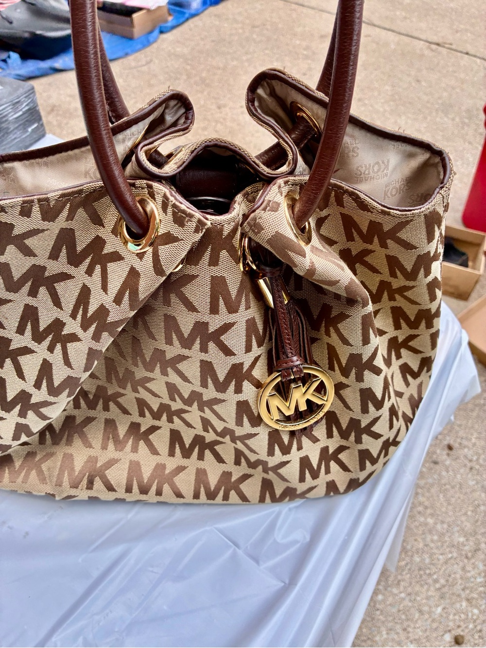 Authentic Michael Kors Tan & Brown MK Logo Tote with Gold Accent